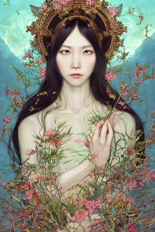 Prompt: breathtaking detailed concept art painting of the goddess of bug, orthodox saint, with anxious, piercing eyes, ornate background, amalgamation of leaves and flowers, by Hsiao-Ron Cheng, James jean, Miho Hirano, Hayao Miyazaki, extremely moody lighting, 8K