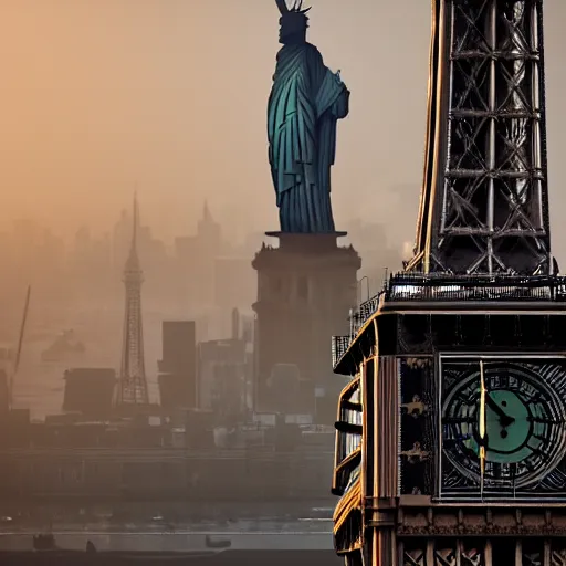 Prompt: The Statue of Liberty and Eiffel Tower at background of London Big Ben, photorealism, wide angle, concept art, cinematic atmosphere, elaborate, highly detailed, ornate, shiny, dramatic lighting, octane render, 4k, by Peter Kemp