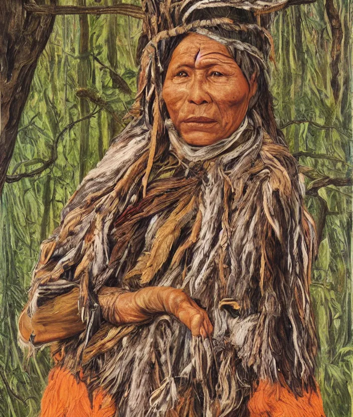 Image similar to full body shot picture of indigenous people woman leader in forest, painted by lucian freud, hd, super detailed, realistic, muted colors