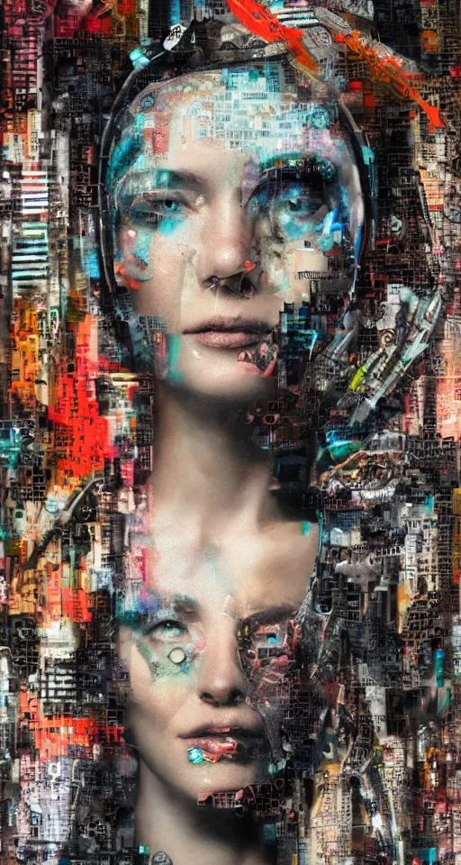 Prompt: Portrait of a Cyborg Queen, cyberpunk, collage art, mixed media, hypermaximalist, photo realistic, 8k