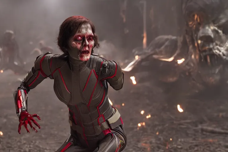 Prompt: film still of zombie zombie Hope Van Dyne The Wasp as a zombie in new avengers movie, 4k