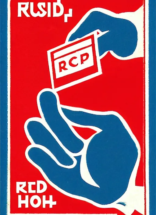 Image similar to a hand holding a red card, russian matchbox label style, propaganda,