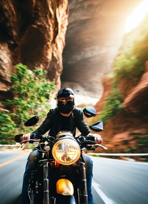 Image similar to a 2 8 mm macro photo of a man riding on a motorcycle through a canyon made of oversized arcade cabinets, splash art, movie still, bokeh, canon 5 0 mm, cinematic lighting, dramatic, film, photography, golden hour, depth of field, award - winning, anamorphic lens flare, 8 k, hyper detailed, 3 5 mm film grain