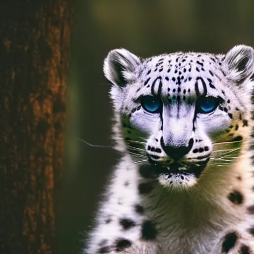 Image similar to very very very very very cute chibi snow leopard, portrait, pixar style, forest background, cinematic lighting, award winning creature portrait photography