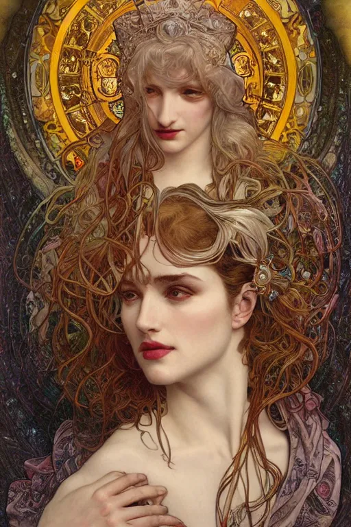 Prompt: Tom Sturridge the Sandman King of Dreams realistic detailed face portrait of Madonna by Alphonse Mucha, Ayami Kojima, Amano, Charlie Bowater, Karol Bak, Greg Hildebrandt, Jean Delville, and Mark Brooks, Art Nouveau, Neo-Gothic, gothic, rich deep moody colors, Beauty