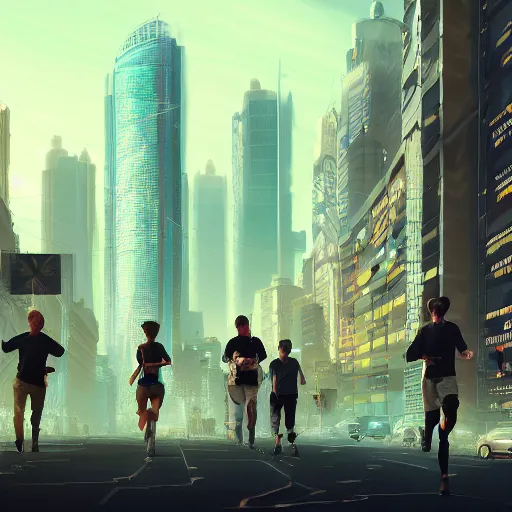 Image similar to landscape bunch of people running away scared from cryptocurrency logo standing in the city, cyberpunk, artstation, hyperdetailed, hdr, 8 k