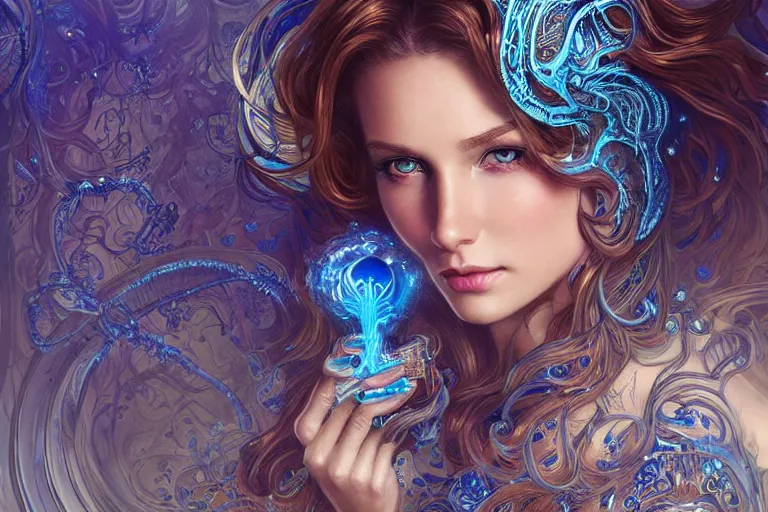 Prompt: a pretty woman with glowing blue eyes and hair made of liquid metal surrounded by an environment designed by Joe Fenton, fog, volumetric lighting, intricate, elegant, highly detailed, digital painting, artstation, concept art, smooth, sharp focus, art nouveau, art by artgerm and raymond swanland and alphonse mucha