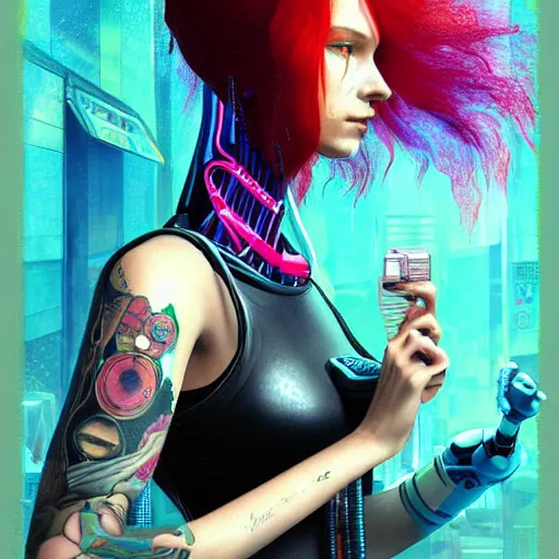 Prompt: portrait of a robot girl with long red hair and a tattoo in the style of the game cyberpunk 2 0 7 7, under water, very beautiful enga style, the girl is wrapped in color, photorealism albrecht durer george copeland ault