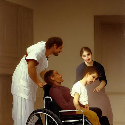 Image similar to a male patient in a wheelchair in the hospital with his wife and son standing by. happy, cheerful, smiling, intricate, face enhance, sharp focus, cinematic lighting, featured in artistation, 8 k, art by greg rutkowski, william adolphe bouguereau