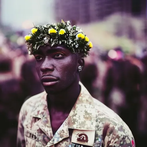 Image similar to close up kodak portra 4 0 0 photograph of a futuristic soldier after the battle standing in dark forestin in a crowd, flower crown, moody lighting, telephoto, 9 0 s vibe, blurry background, vaporwave colors, faded