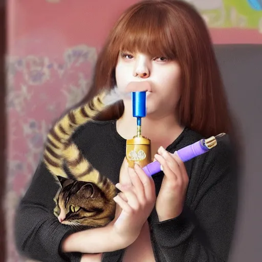 Prompt: a girl who looks like a cat smokes a hookah