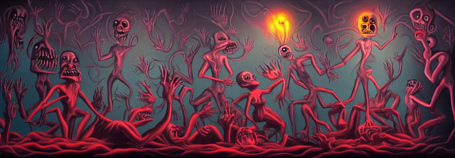 Image similar to visceral freaky obsessive monsters from the darkest depths of collective unconscious, dramatic glowing lighting, 1 9 3 0 s fleischer cartoon characters, wild emotional expressions - surreal painting by ronny khalil