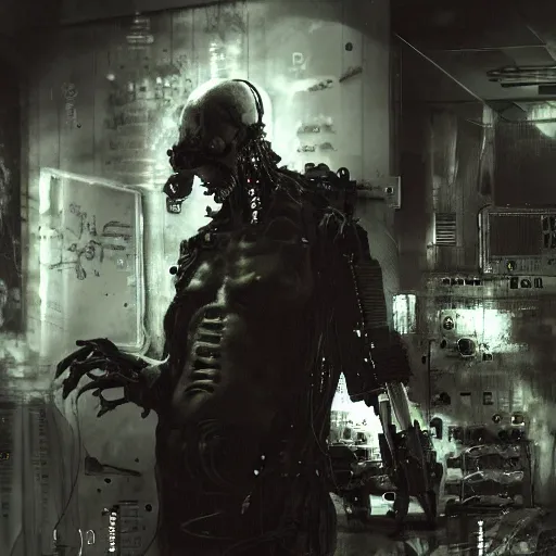 Prompt: in a dark room, a cybergoth hacker, skulls, wires cybernetic implants, machine noir grimcore, in the style of emil melmoth zdzislaw belsinki craig mullins yoji shinkawa realistic render ominous _ detailed photo atmospheric