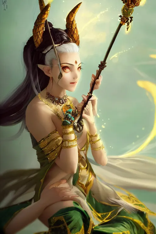 Image similar to beautiful fairy, brown skin, white hair, devil's horn on her head, green eyes and the third eye on her forehead, dressed in dunhuang clothes, with black and gold wings behind her, and a brown scepter in her hand. character design, animation image design, painting by wlop