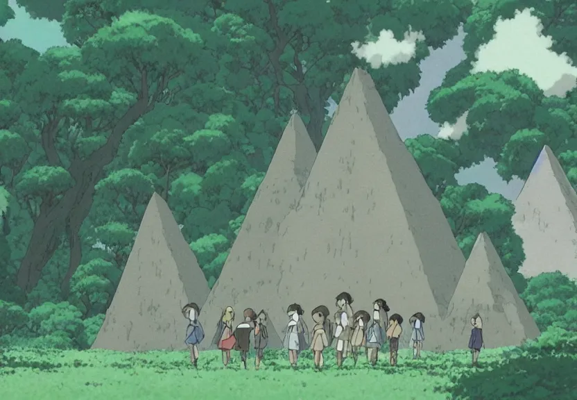 Image similar to a movie still from a studio ghibli film showing several large white pyramids in a swampy jungle. by studio ghibli