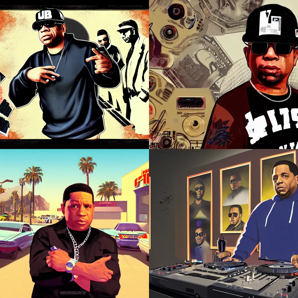 Prompt: dj yella in the gta v loading screen, masterpiece, 8 k, 4 k, art by stephen bliss