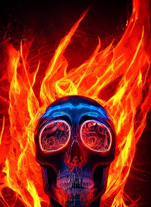 Image similar to a futuristic skull with glowing eyes and a flame fire background, cyberpunk art by android jones, behance contest winner, computer art, darksynth, synthwave, rendered in cinema 4 d