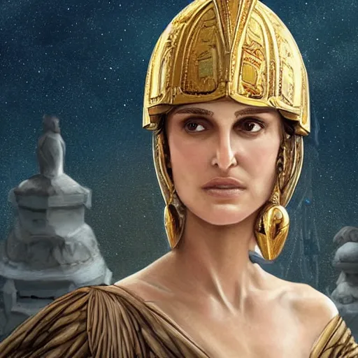 Image similar to Natalie Portman as ancient greek woman in golden helmet, giant grey-haired bearded George Clooney head in the sky, epic fantasy style art, fantasy epic digital art