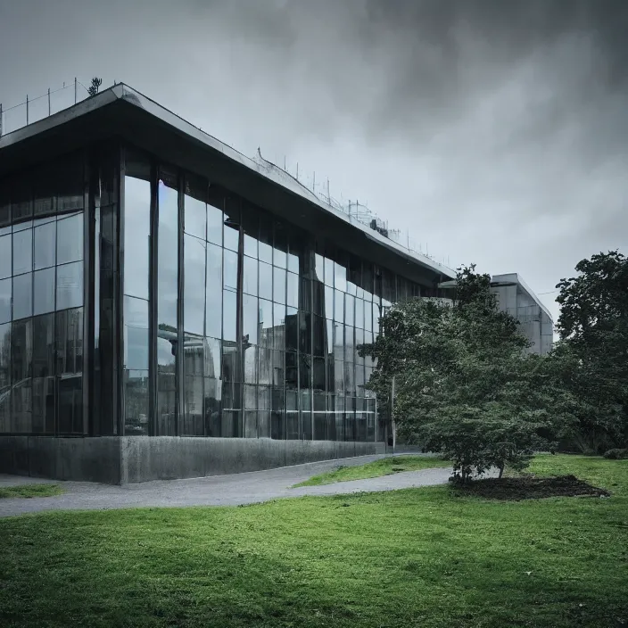 Image similar to a building in a serene landscape, dramatic lighting