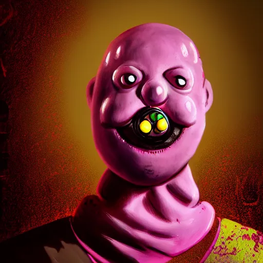 Image similar to high detail concept art of pink Mr Blobby with yellow spots as a Dead by Daylight character, 4k, terrifying, character portrait