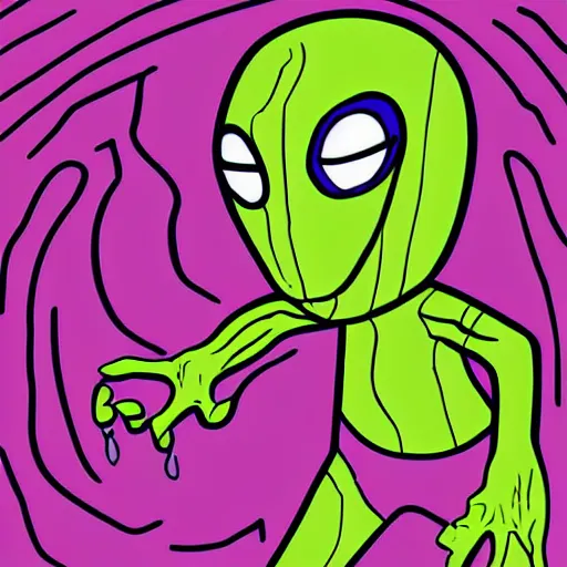 Prompt: pop - wonder - nft alien - meat half - tone - art of a captain - spock wading through the goopy - muck and slithering about the castle side delights on a melted cheesy day in a hand - drawn vector, svg, cult - classic - comic - style