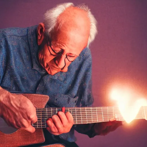 Image similar to Claymation art of a old man playing guitar, 100mm, candle lightning, industrial colours, extremely detailed