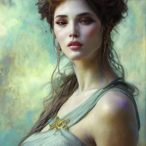 Image similar to a full shot portrait of a greek goddesses, oil painting, by ross tran and and Edgar Maxence and julie bell