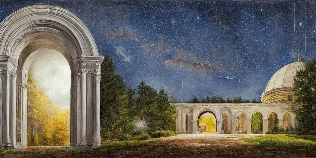 Prompt: hyper real, hyper detailed mat - painting sketch of an arch and dome interior with windows to gaze at the stars at night in a large recessed living room in the country with a view of a forest out side