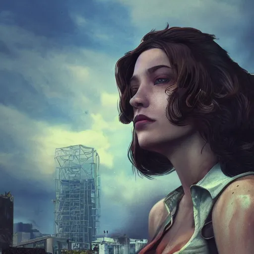 Image similar to fallout 5 : miami, charismatic beautiful rugged brunette female protagonist, portrait, outdoors ruined cityscape, atmospheric lighting, painted, intricate, volumetric lighting, beautiful, summer, sunny weather, few clouds, sharp focus, deep colours, ultra detailed, by leesha hannigan, ross tran, thierry doizon, kai carpenter, ignacio fernandez rios