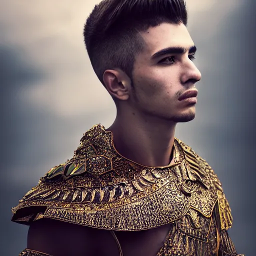 Image similar to a portrait of a beautiful young turkish male wearing an alexander mcqueen armor , photographed by andrew thomas huang, artistic