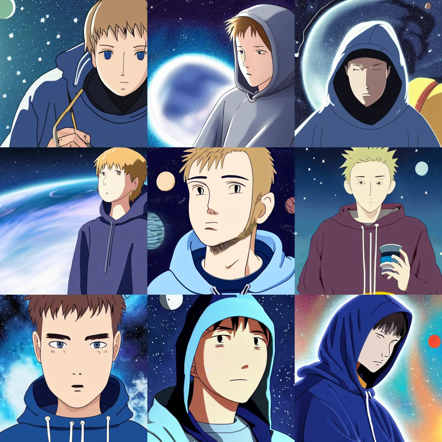 Image similar to Spirited away dark blonde guy with blue eyes wearing a hoodie in space, astonishing background, detailed face