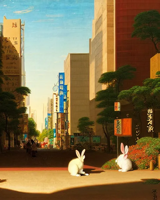 Prompt: a rabbit bear, sitting in tokyo, unique, sunny day, busy street, art by thomas cole