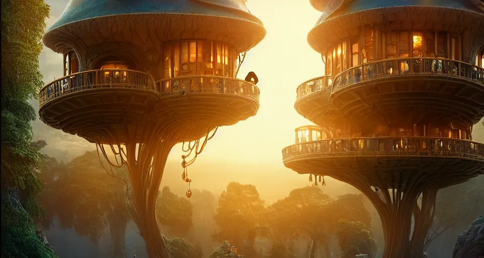 Image similar to A scene from a 2022 fantasy film featuring a cozy art nouveau reading nook inside a fantasy treehouse city. Suspended walkways. Disorganized ancient books. Golden Hour. 8K UHD.