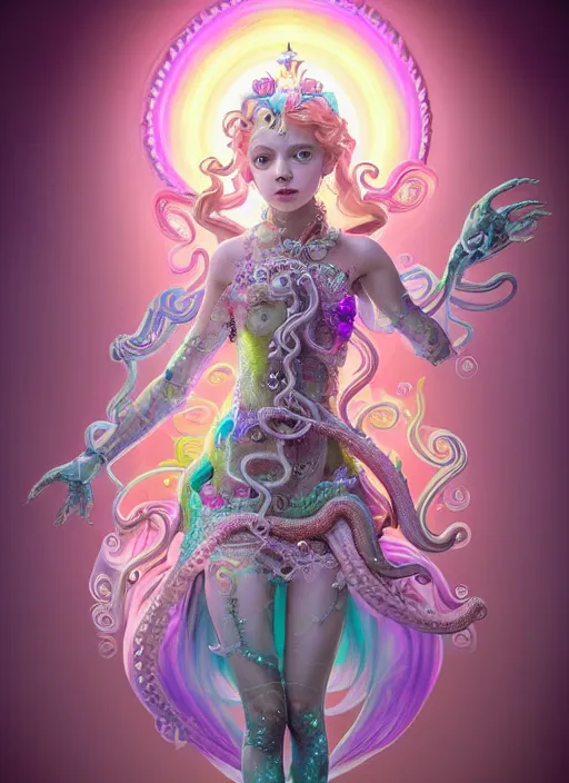 Image similar to A full body shot of a cute young magical girl wearing an ornate dress made of opals and tentacles. Monster GIrl. Subsurface Scattering. Dynamic Pose. Translucent Skin. Rainbow palette. defined facial features, symmetrical facial features. Opalescent surface. Soft Lighting. beautiful lighting. By Giger and Ruan Jia and Artgerm and WLOP and William-Adolphe Bouguereau. Photo real. Hyper-real. Photorealism. Fantasy Illustration. Sailor Moon hair. Masterpiece. trending on artstation, featured on pixiv, award winning, cinematic composition, dramatic pose, sharp, details, Hyper-detailed, HD, HDR, 4K, 8K.