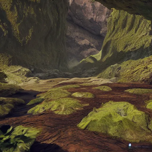 Prompt: A lush valley in the chasm of a great glacier, Unreal Engine, trending on artstation