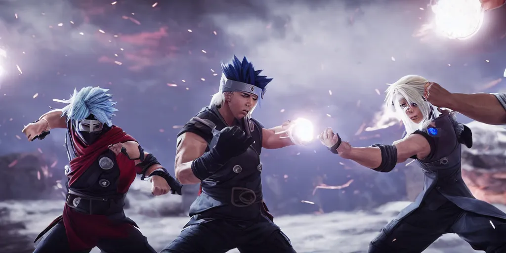 Prompt: kakashi with chidori and thor using lighting, fighting in mortal kombat style, unreal 5, hyperrealistic, realistic, photorealistic, dynamic lighting, highly detailed, cinematic landscape, studio landscape, studio lighting