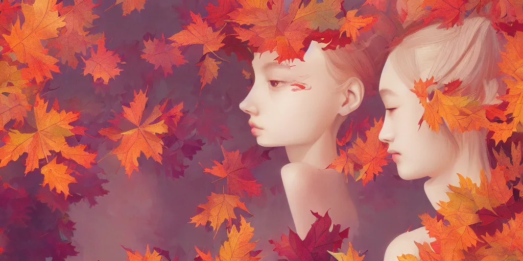 Image similar to breathtaking detailed concept art painting pattern blend of autumn leaves and girls, by hsiao - ron cheng, bizarre compositions, exquisite detail, pastel colors, 8 k