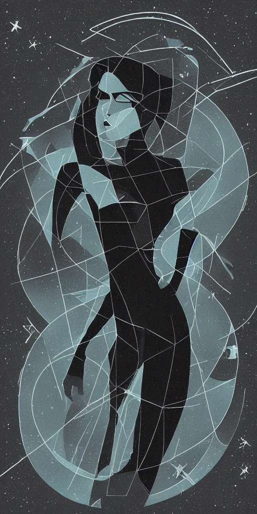 Image similar to “ femme on a galactic shore, noir, solid shapes, geometric art deco, french, palette, plain, no fine details, horror theme, isaac asimov ”