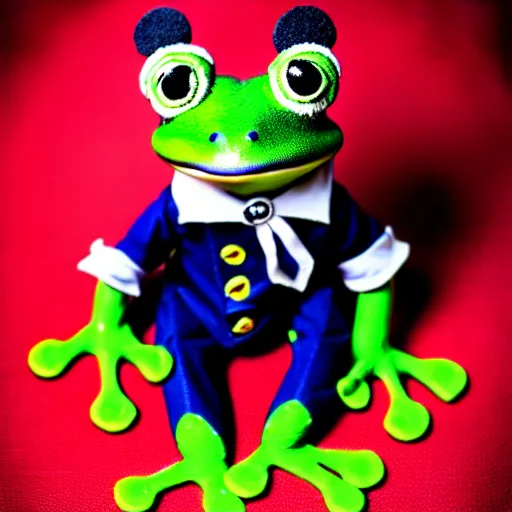 Image similar to cute frog wearing a sailor suit, studio photography,