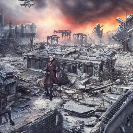 Image similar to destroyed city wasteland, radioactive radiation, nuclear winter, artgerm