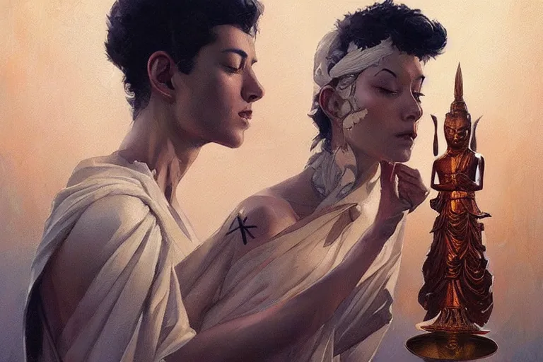 Image similar to space, buddhism, taoism, painting by greg rutkowski, j. c. leyendecker, artgerm