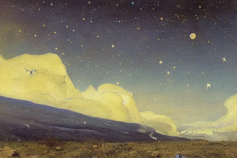 Image similar to night sky with clouds and stars, colorful, beautiful, national geographic, very detailed, oil painting, canvas, Theodor Kittelsen, Hermann Hendrich