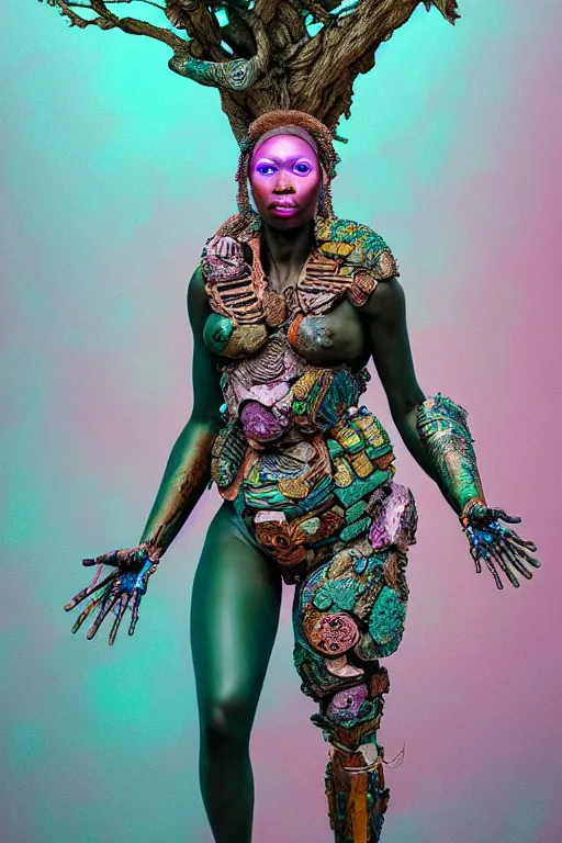 Image similar to hyperrealistic post - maximalist masterpiece super expressive! yoruba goddess with exoskeleton armor, merging with tree in a forest, highly detailed digital art cinematic, smooth cam de leon eric zener dramatic pearlescent soft teal pink light, ground angle hd 8 k, sharp focus
