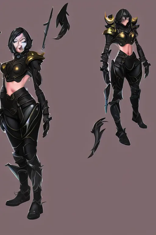 Prompt: A female league of legends character, fullbody art, wearing fully kitted black armor, character concept, dynamic posing, 8k, trending on artstation