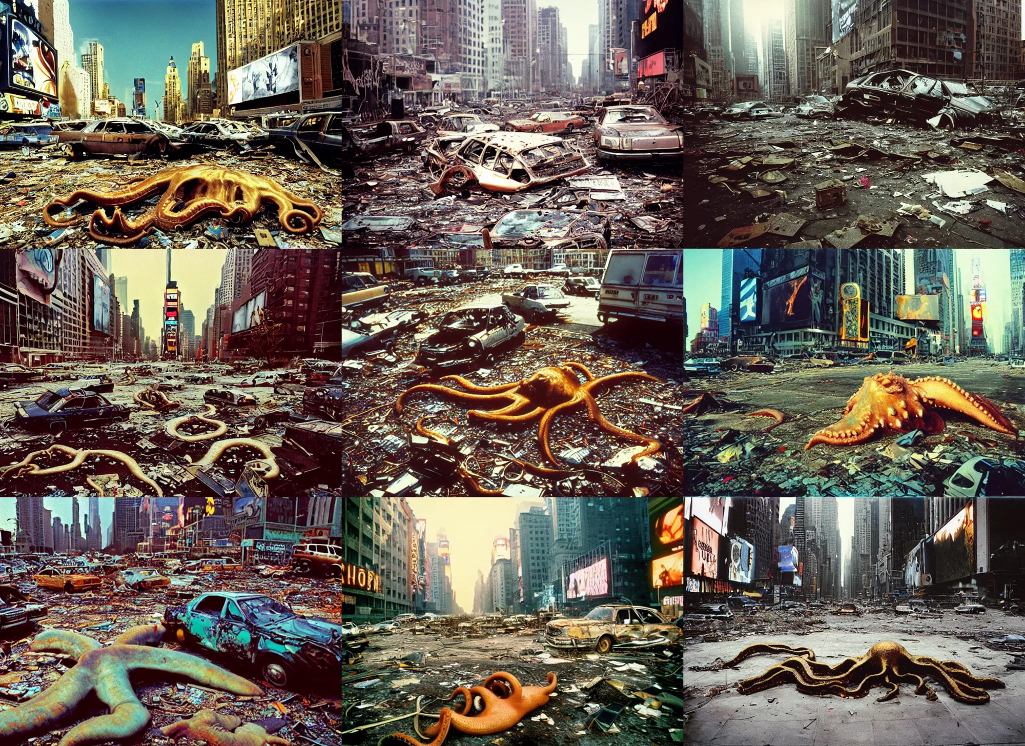 Prompt: sunny day golden hour giant octopus body lyong on the ground in postapocalyptic abandoned destroyed times square, wrecked buildings, destroyed flipped wrecked cars, polaroid photo, vintage, 1 9 8 5, very sunny day, summer, noon, strong backlighting, color photo by shawn heinrichs by brian skerry by gregory crewdson