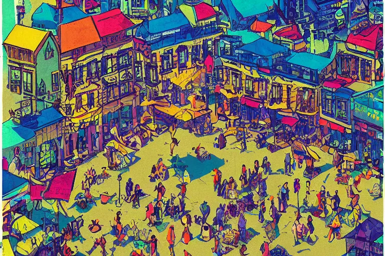 Image similar to townsquare in a sunny day, artwork by tooth wu, colorful high contrast, very coherent, dark shadow, thick lineart