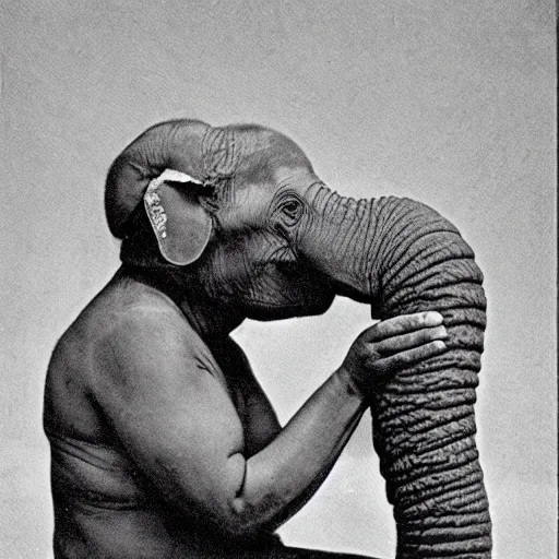Prompt: The first known case of a human with an elephant trunk, circa 1982, colorized black and white photograph