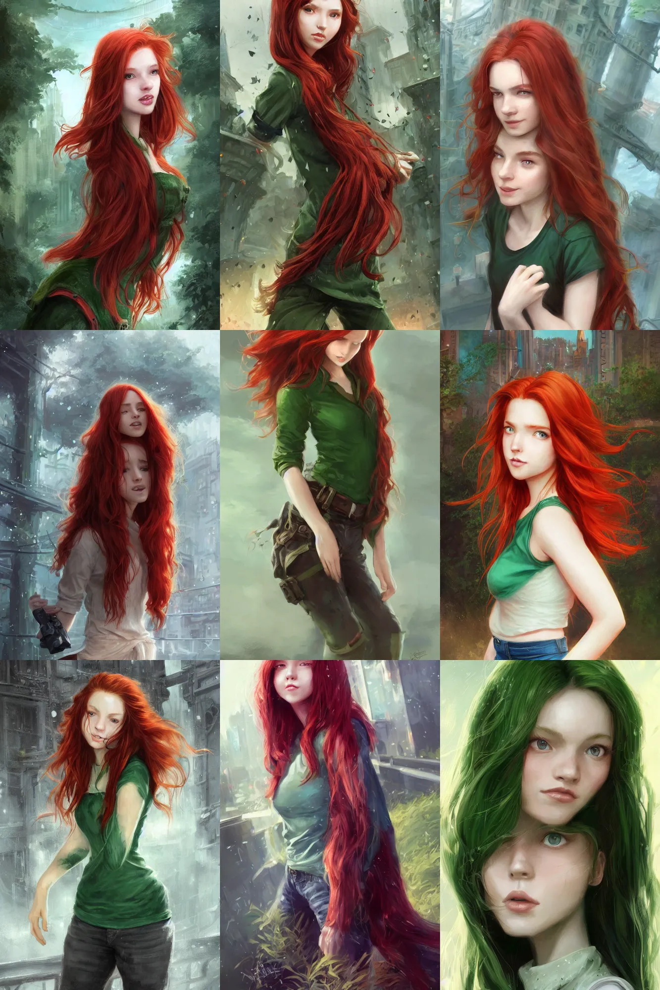 Prompt: beautiful cute red haired joyful and playful nineteen year old maiden standing up in casual green clothing, long hair, modern city, rpg character, sci - fi, fantasy, intricate, elegant, digital painting, artstation, concept art, smooth, 8 k frostbite 3 engine, ultra detailed, art by artgerm and greg rutkowski and magali villeneuve