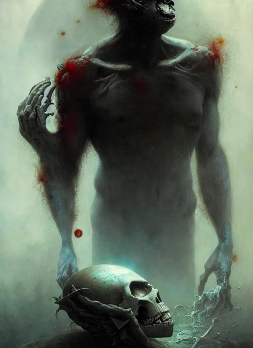 Prompt: shackled in the void of purgatory, frank frank frazetta and cgsociety, stunning sasquatch, charlie bowater and tom bagshaw, insanely detailed, deviantart, space art, atoms surrounded by skulls, death, and spirits deep water, blood splatters, horror, sci - fi, surrealist painting, by peter mohrbacher