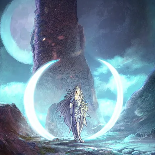 Prompt: moon and a light giant glowing pillar magic spell, epic fantasy style art, fantasy epic digital art, epic fantasy card game art